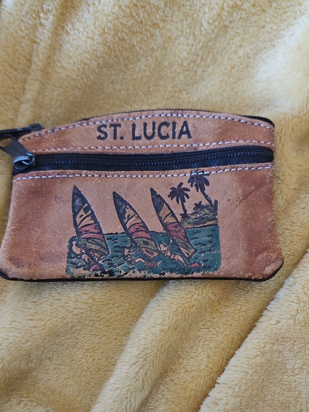 Brown Leather Coin Pouch with Surf Print